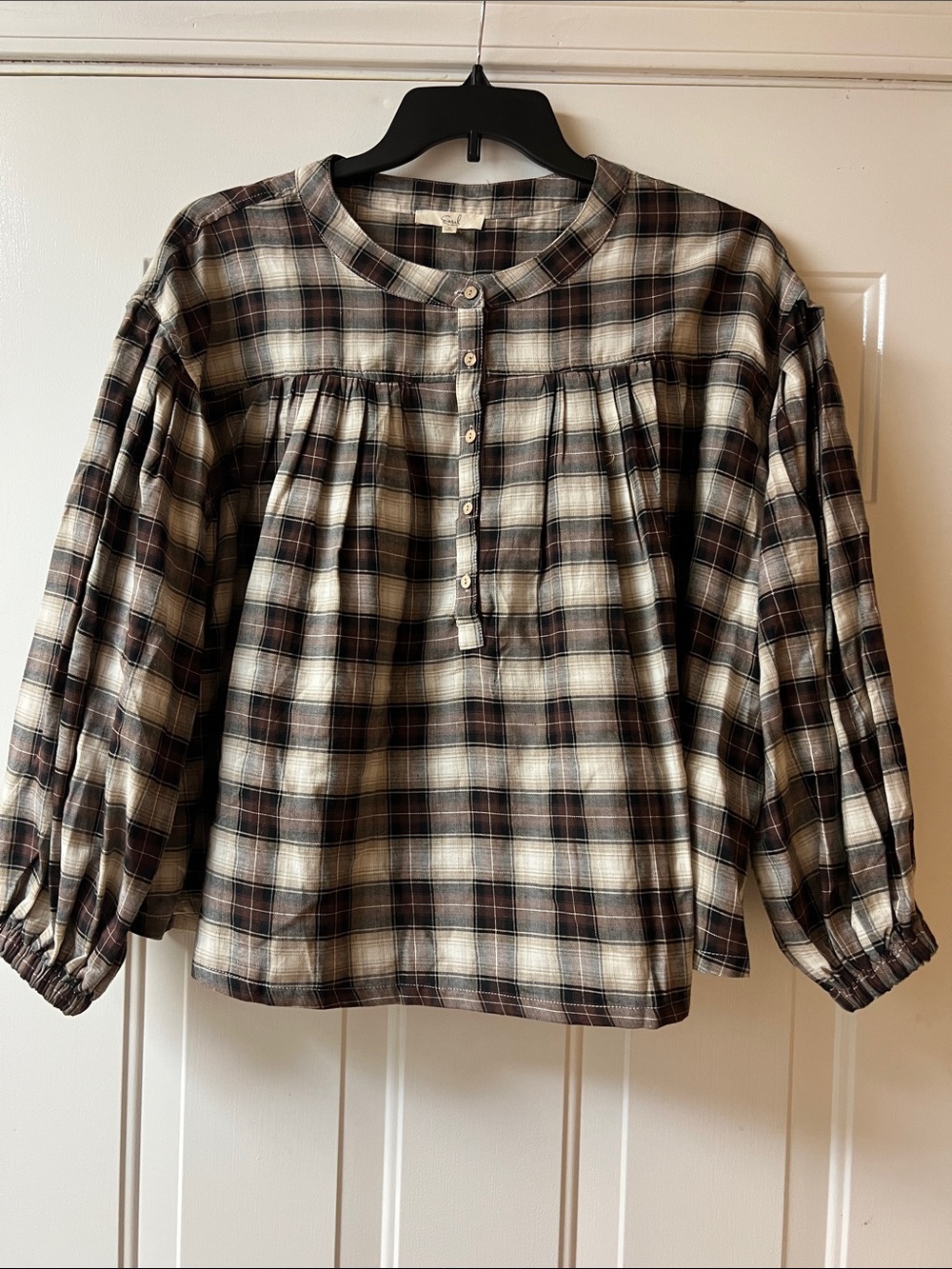 Easel Plaid Button-Front Peasant Top in Cream and Brown